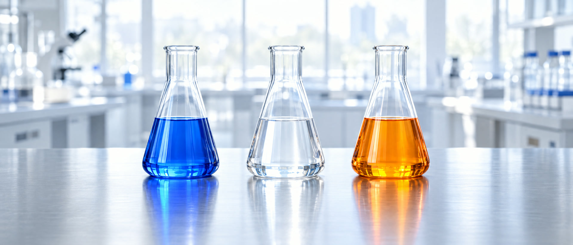 Tres matraces de laboratorio con líquido azul, transparente y naranja