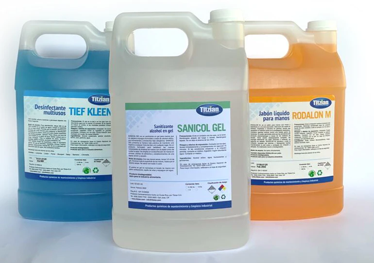 Tres envases de productos Titzian: Tief Kleen, Sanicol Gel y Rodalon M